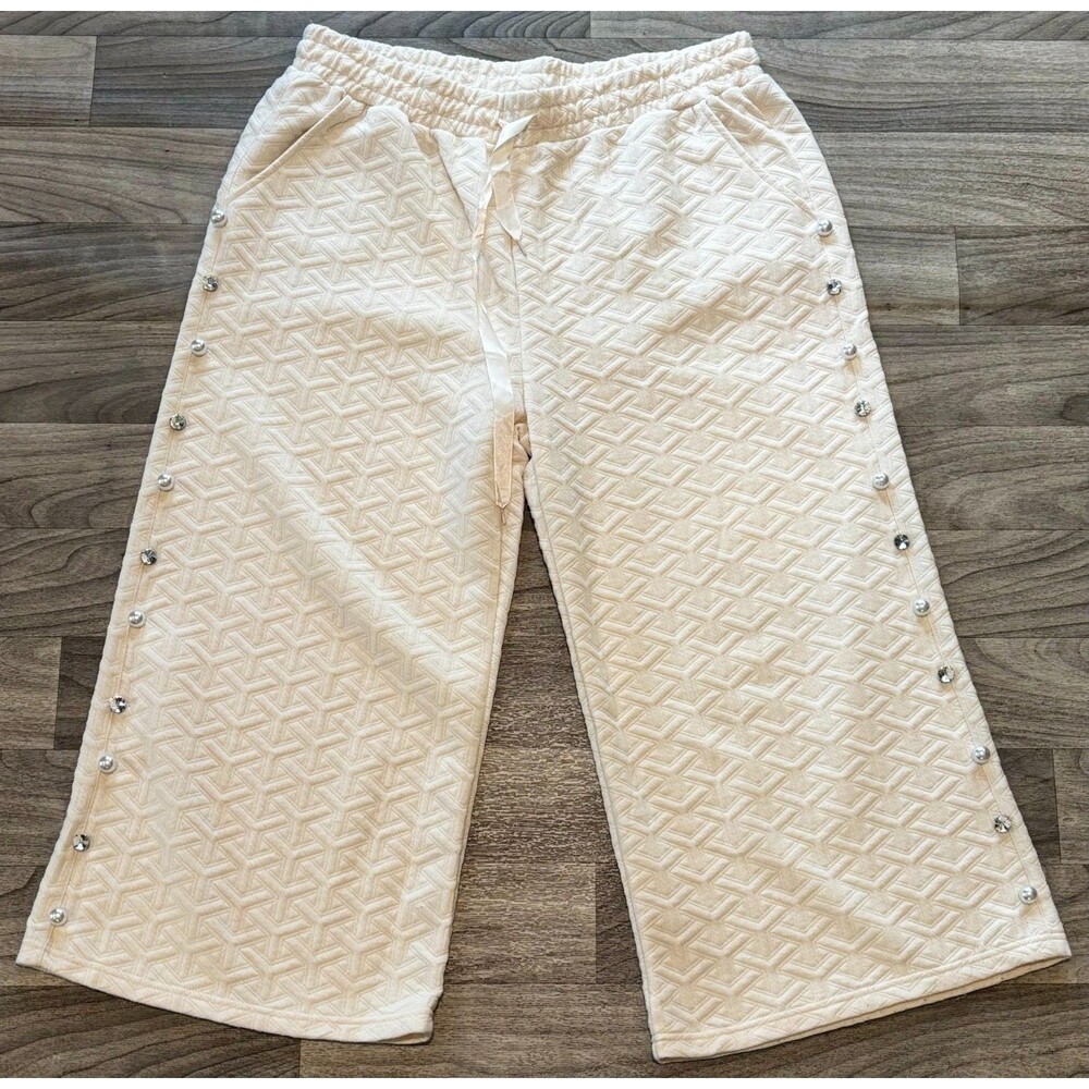 Simply Southern XXL Ivory Quilted Capri Pants Pearl Jewel Rhinestone Embellished